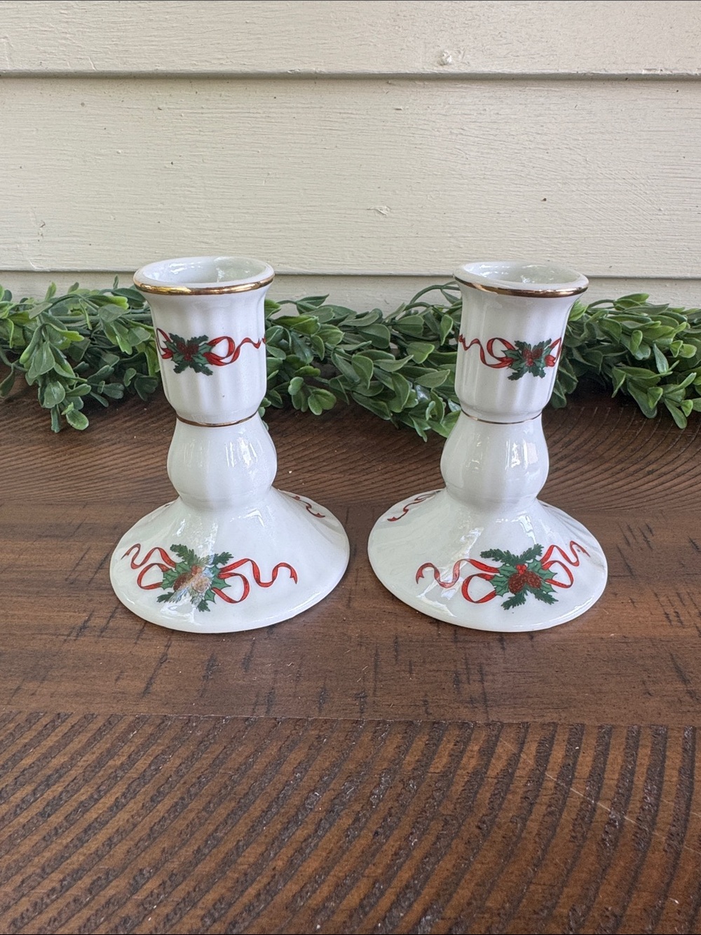 Vintage White Holiday Candle Holders with Red Ribbon Pine Motif